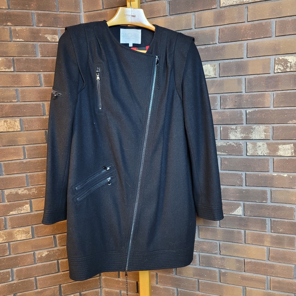 Rachel Roy black felt asymmetrical zip lined peacoat winter coat jacket